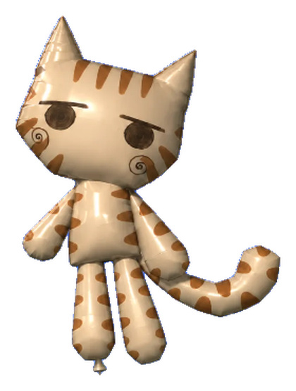 Ballon Cat, a glossy tan cat-shaped party balloon with brown stripes and a worried expression